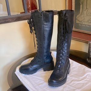 Knee high black leather lace up chunky goth punk combat boots 7.5
